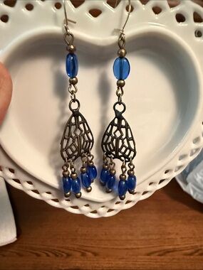 Blue Glass Bead Filigree Drop Earrings - Women Jewelry